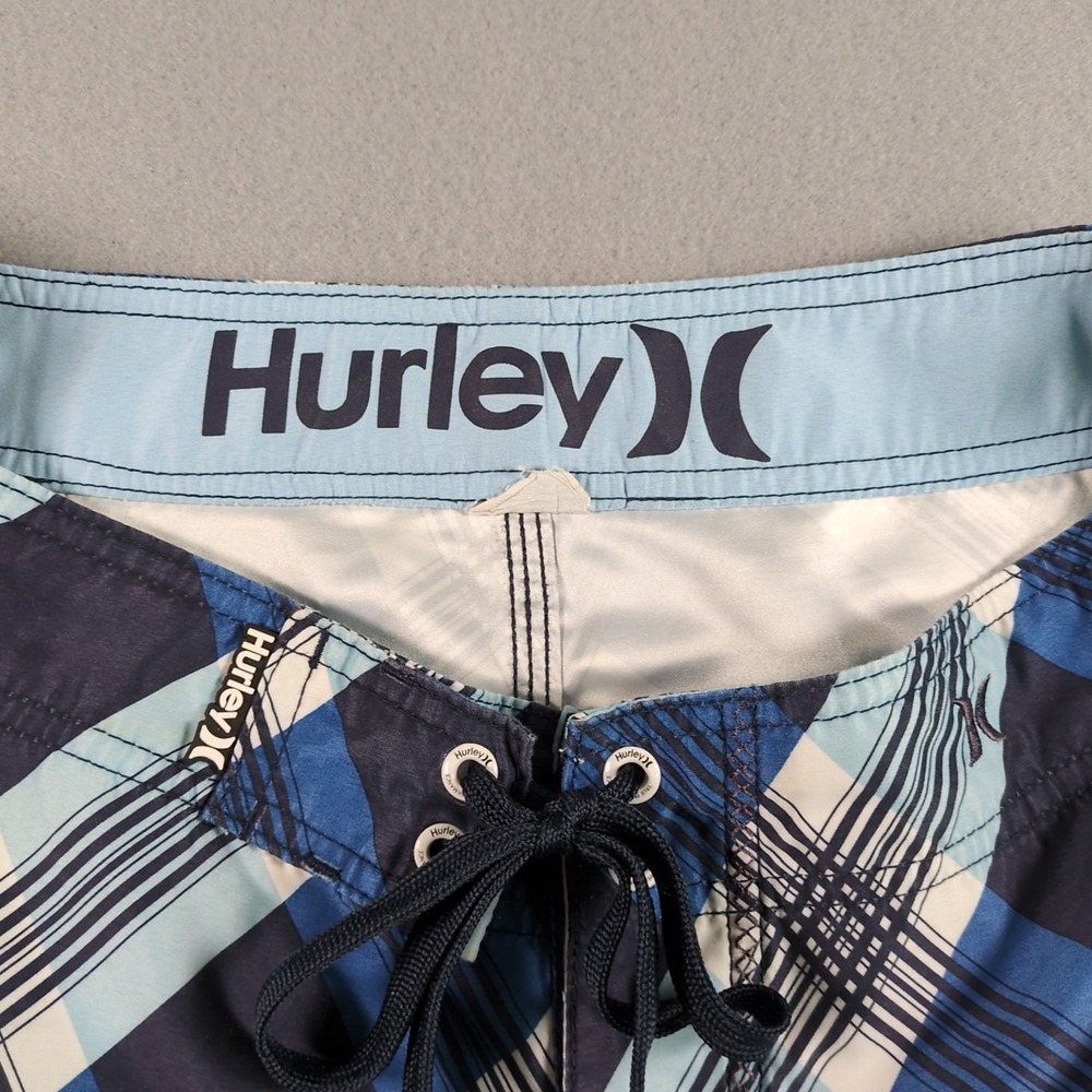 Vtg Hurley Mens Sz L Plaid Board Short Blue Swim Trunks Tie Waist 21" Length - Picture 3 of 5
